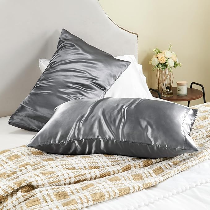 BEDELITE Satin Pillowcase for Hair and Skin, Super Soft and Cooling Similar to Silk Pillow Cases 2 Pack with Envelope Closure, Gift for Women Men(20"x30" Queen Size, Dark Grey)