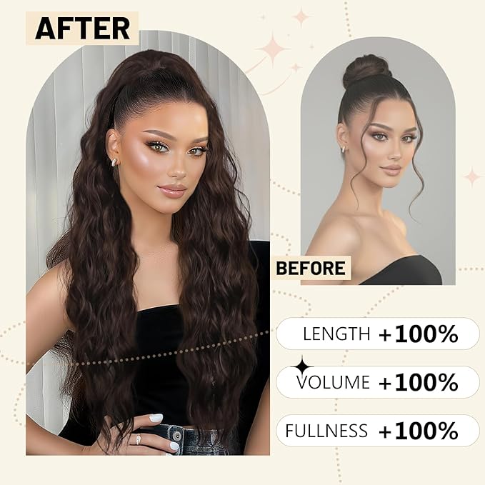 LEEONS 26 inch Drawstring ponytail Extension, Long Wavy pony tails hair extensions for Women - Synthetic Hairpiece Ponytail for Daily Use (Omber Black to Dark Pink)