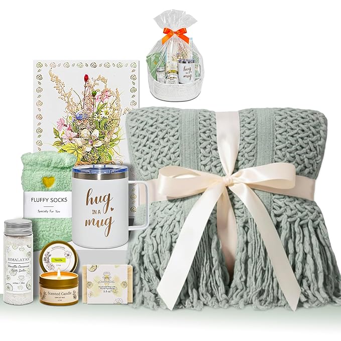 8 Pcs Gift Baskets for Women, Birthday, Self Care, Thank You, Get Well Soon, Unique Spa Gifts Set for Mom, Her, Sister, Wife, Friends, Christmas, Small Woven Basket with Gift Bags (Sage Green)