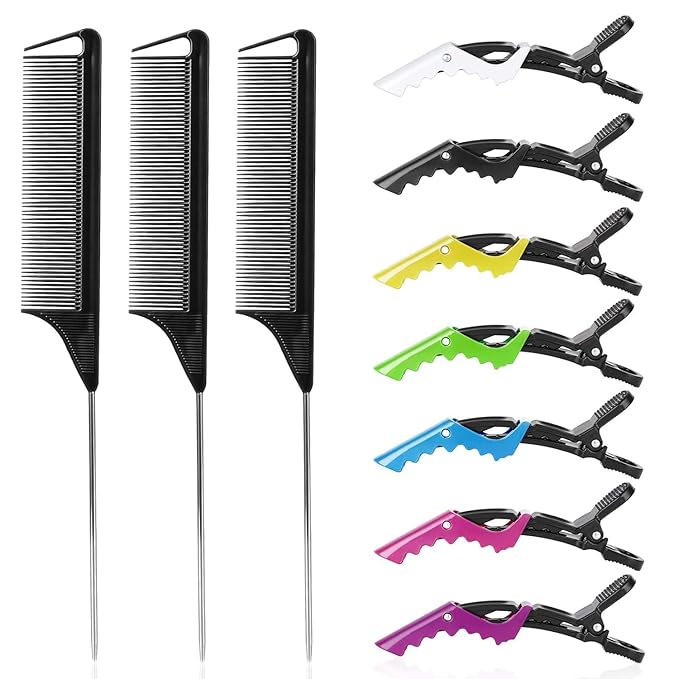 Rat Tail Comb Hair Clips Set: 3Pcs Rat Tail Combs, Hair Styling Combs for Women and 7 Professional Sectioning Hair Clips (Black)
