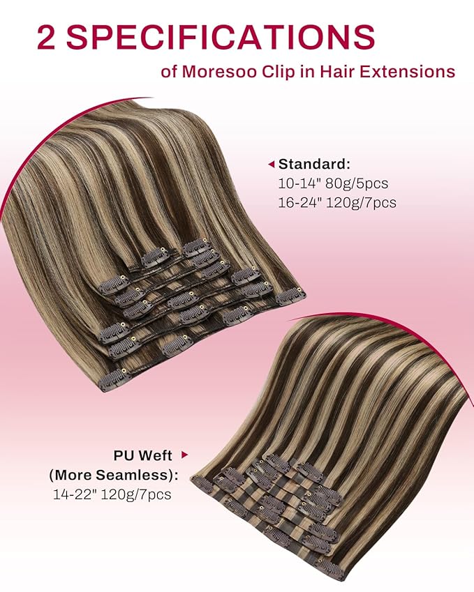 Moresoo Seamless Clip in Hair Extensions Human Hair Dark Brown Blond Highlights Real Human Hair Extensions Clip ins Dark Brown to Caramel Blonde Double Weft 120g/7pcs 16 inch