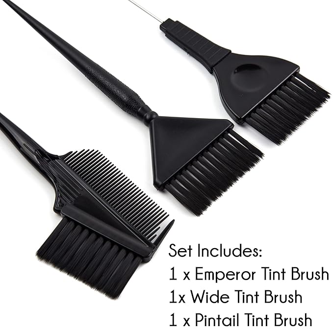 Hair Dye Brush Set - 3 Tint Brushes for Hair Color and Treatments - Extra Wide Brush - Pintail Brush - Emperor Brush - Variety Set Salon Color Brushes (Black)