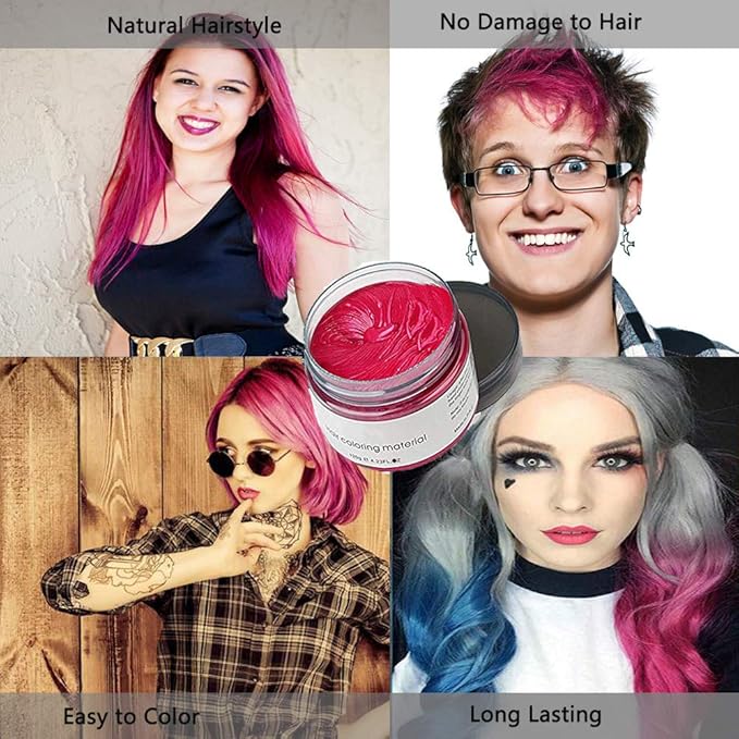 Pink Red Hair Color Wax, Natural Hairstyle Wax 4.23 oz, Temporary Hairstyle Cream for Party, Cosplay, Halloween, Daily use, Date, Clubbing (Pink Red)