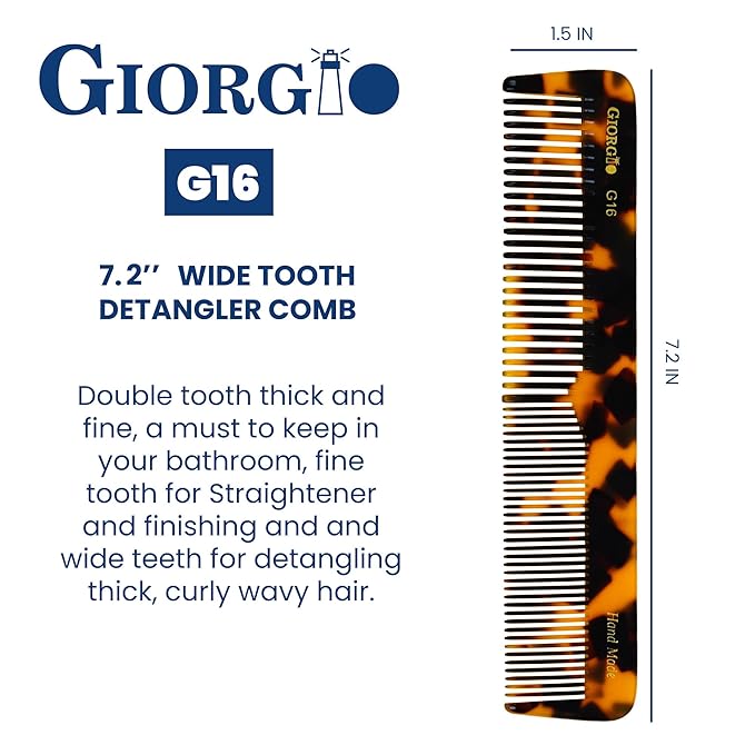 Giorgio G16 Fine Tooth and Wide Tooth Detangler Comb - Hair Comb for Men and for Women - Ideal as a Hair Styling Barber Comb and Detangler - Saw Cut and Handmade (Yellow Tokyo)