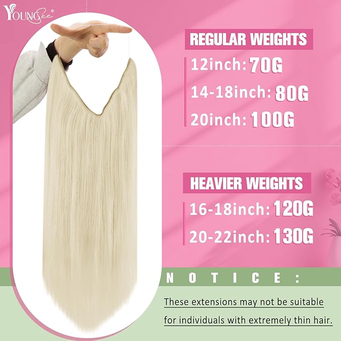 YoungSee Invisible Wire Hair Extensions Real Human Hair Blonde Hair Extensions Wire Platinum Blonde Fish Line Hair Extensions Human Hair Dyable Remy Hair 16In 80G