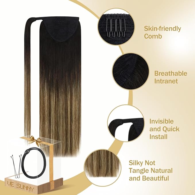 Ve Sunny Hair Extensions Ponytail Real Human Hair Wrap Around Clip in Ponytail Hair Extensions Straight Extensions Human Hair for Women Black Ombre Dark Brown Balayage Caramel Blonde 18inch 80G