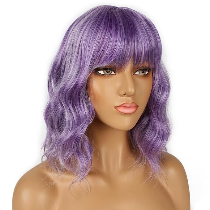 Short Bob Wigs with Bangs for Women Loose Wavy Wig Curly Wavy Shoulder Length Bob Synthetic Cosplay Wig for Girl Colorful Costume Wigs (Violet)