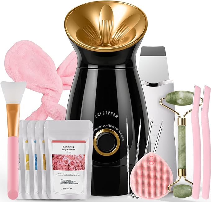 Colorfarm Facial Steamer Nano Ionic: Face Steamer Home Spa Kit Deep Cleaning Unclogs Pores Sinuses Inhaler with 8 Skin Care Tools - Relaxing Self Care Skincare Beauty Gifts for Women (Black Gold)