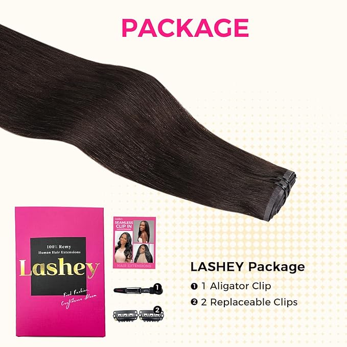Lashey Seamless Clip in Hair Extensions Human Hair #2 Dark Brown Light Yaki Straight Clip in Extensions Real Human Hair 7pcs 110g 16 Inch PU Weft Natural Hair Extensions for Women