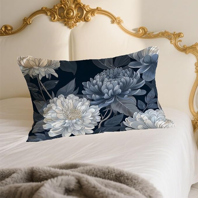 Satin Pillowcase with Zipper for Hair and Skin White and Blue Petals and Leaves 1 Pack Soft Silk Pillow Case Standard Size Wrinkle-Free Smooth and Cooling Satin Pillow Cover 20”x26”