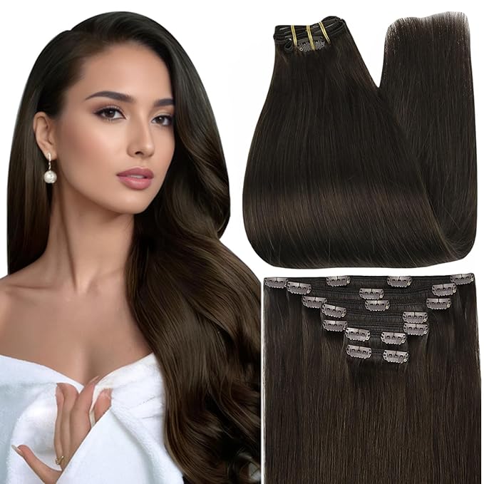 Full Shine Long Clip in Hair Extensions Brown Human Hair Clip in Extensions 22 Inch Straight Real Human Hair Dark Brown Hair Extension for Women 7 Pcs