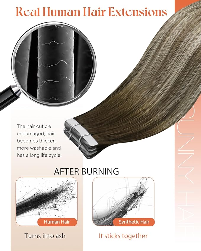 Sunny Hair Tape in Hair Extensions Human Hair,Balayage Brown with Blonde Hair Extensions Tape in 24 Inch Real Human Hair Tape in Extensions 40Pcs 100g