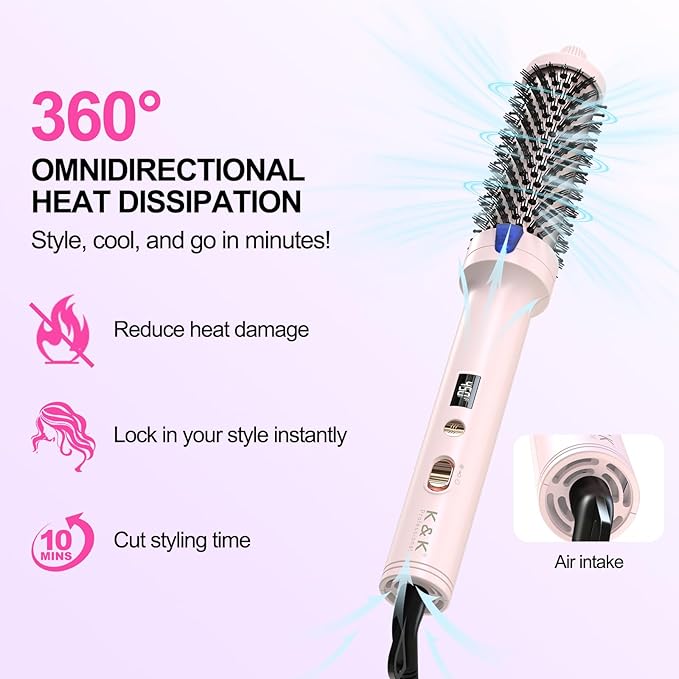K&K 1.7 Inch Cool-AIR TECH Hair Styling Tool Bounce Brush, Heated Thermal Round Brush with Negative Ion Technology, Multiple Heat Settings for Blowout Look with Hair Care (Pink, 1.7 Inch)