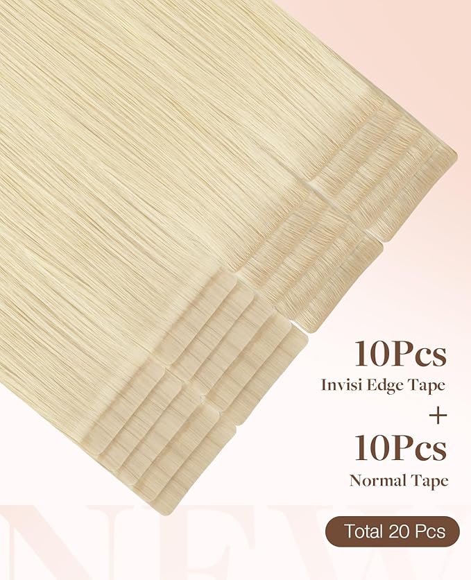 GOO GOO Invisi Edge Tape in Hair Extensions Human Hair, 613R Bleach Blonde 10pcs injected with 10pcs classical tape ins, 20inch 50g, Virgin Remy Hair, Natural Look
