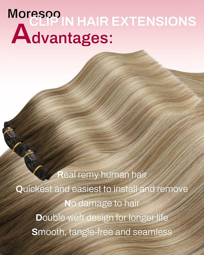 Moresoo Seamless Clip in Hair Extensions Human Hair Balayage Remy Straight PU Weft Human Hair Clip in Extensions Full Head Ombre Brown to Light Brown with Golden Blonde 7pcs/120g 22inch