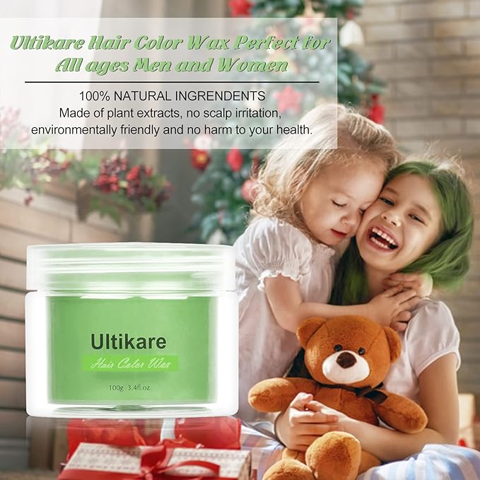 Green Hair Dye Wax, Ultikare Temporary Hair Color for Kids 3.4 Fl Oz Washable Natural Hair Wax Color Dye Mud Cream DIY Hairstyle Clay For Halloween, Cosplay, Party, Christmas Gift Boys