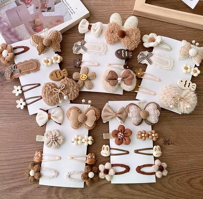 Hair Clips for Baby Girls-8 Pcs Beige Hair Accessories with Knitted Flower, Bow, Butterfly Designs-Soft Wool and Crochet Hairpins-Non-Slip Barrettes for Daily and Occasional Wear (Design 3-8pc Set)