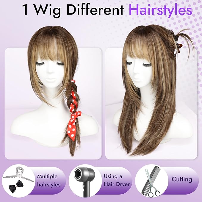 Wig with Bangs for Women Brown Straight Face-Framing Layers Hairstyle 4x4 Realistic Scalp Glueless Synthetic Wigs Medium Length for Everyday Use