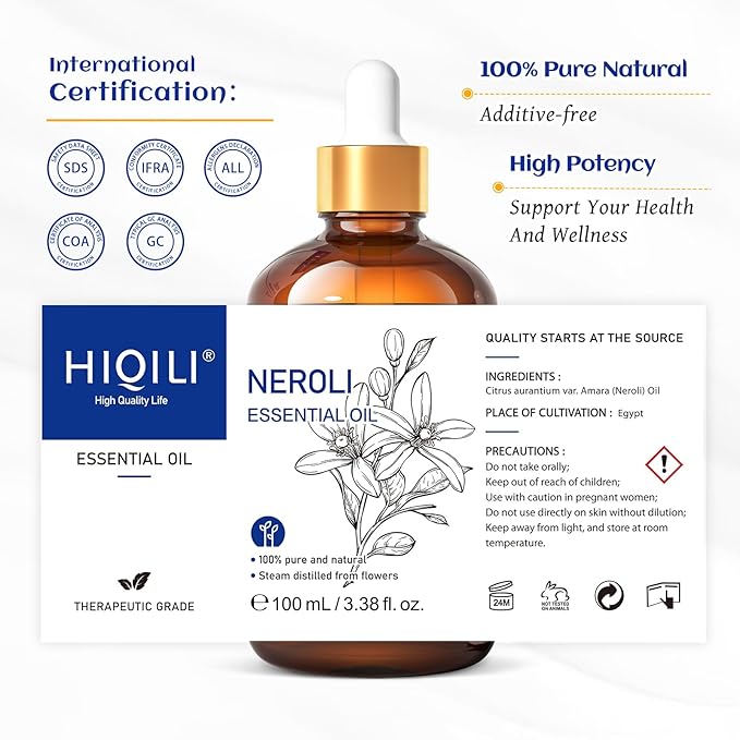 HIQILI Neroli Essential Oil 3.38 Fl Oz, Pure Natural Neroli Oil for Skin, Diffuser, Includes 10ML Travel Bottle - 100ML