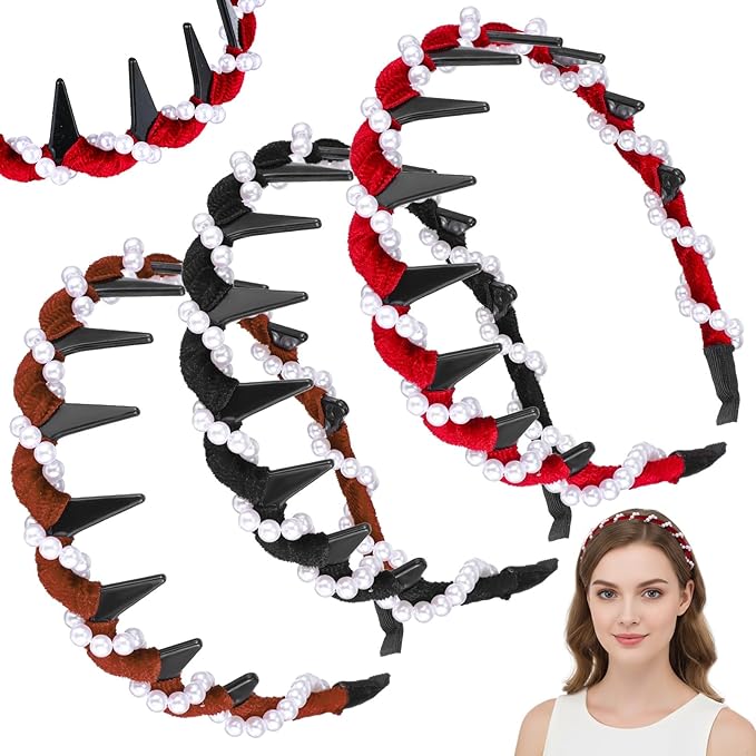 3 Pcs Vintage High Cranium Pearl Hairband Elegant Beaded Pearl Headbands with Teeth Comb Hair Hoop Band Headwear Fashion Braided Head Band Non Slip Hair Comb Hairs Accessories Gift for Women Girls