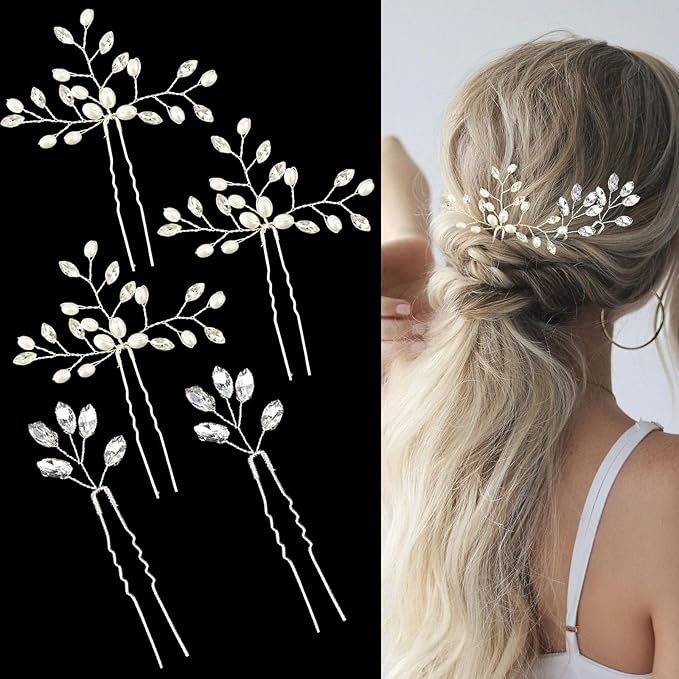 5 Pcs Rhinestone Bridal Hair Pins Sparkly Bride Hair Piece for Women Crystal Pearl Hair Accessories for Bride Bridesmaids Flower Girls(Silver)