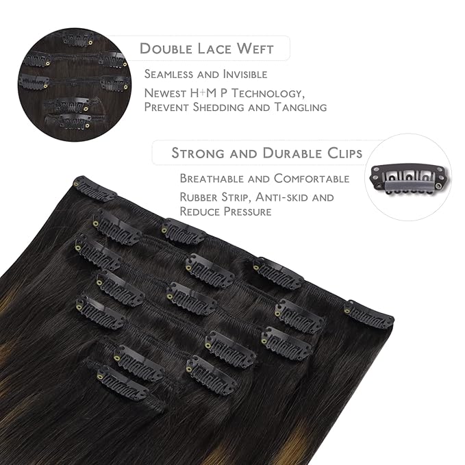 WENNALIFE Clip in Human Hair Extensions, 18 Inch 120g 7pcs Natural Black to Chestnut Brown Balayage Hair Extensions Clip In Human Hair Remy Clip in Hair Extensions Real Human Hair Double Weft