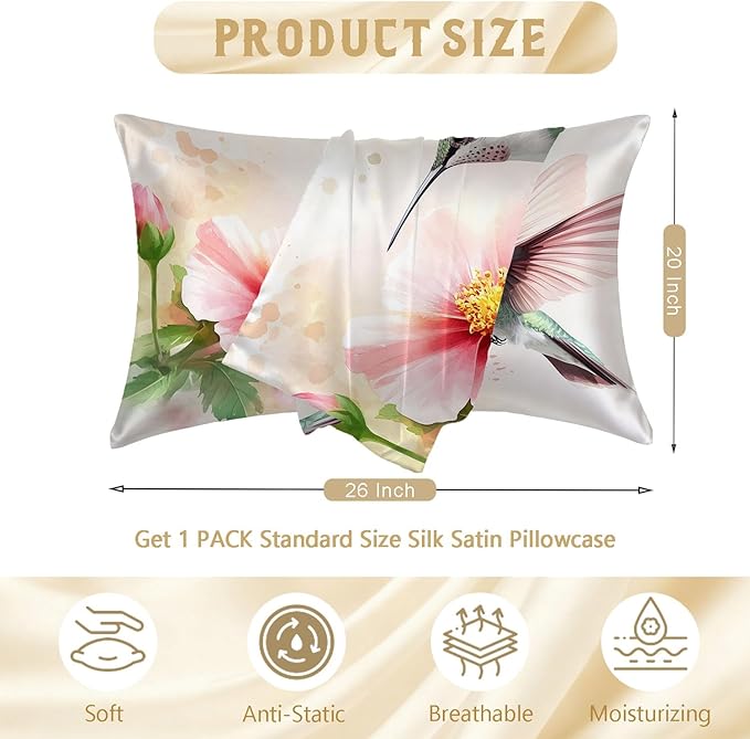 1 Pack Satin Pillowcase for Hair and Skin Watercolor Hummingbird and Flower Imitation Silk Pillowcase with Hidden Zipper Soft Breathable Pillow Cover Standard Size for Bedroom Sofa 20”x26”