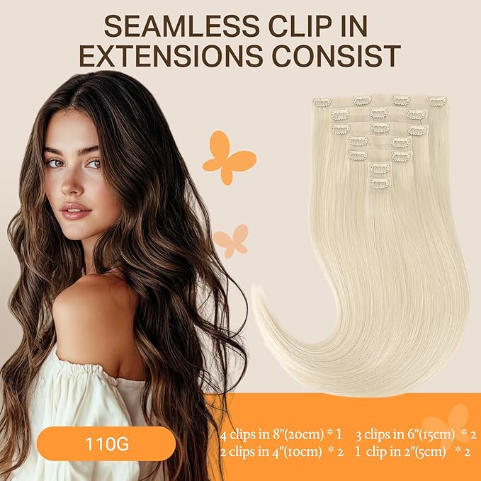 DOORES Hair Extensions Real Human Hair, Platinum Blonde 12 Inch 7pcs 80g, Seamless Clip in Extensions Remy Straight Hair Extensions Clip Invisi Edge Weft