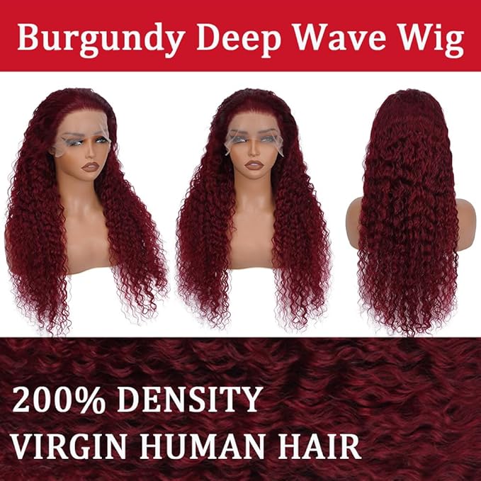 99J Burgundy Lace Front Wigs Human Hair 24 Inch Deep Wave Lace Front Wigs Human Hair Pre Plucked Red Curly 13x6 HD Colored Frontal Glueless Wet and Wavy Deep Wave