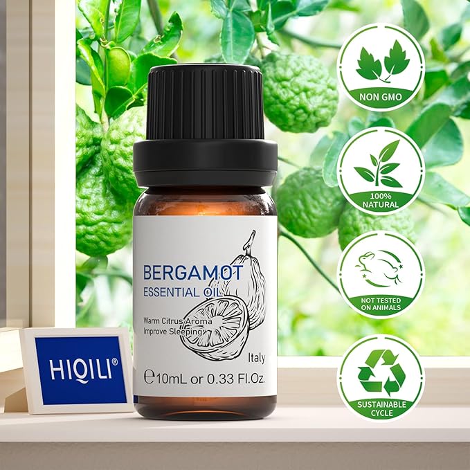 HIQILI Bergamot Essential Oil for Diffuser, Skin, Hair, DIY, 100% Pure & Natural, Travel Size - 0.33 Fl Oz (10 mL)