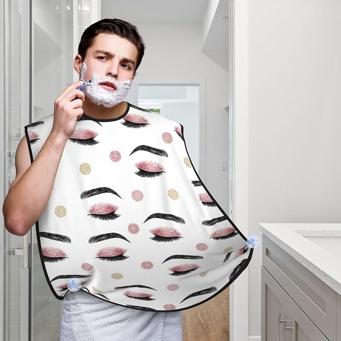 Beard Trimming Catcher Apron, Waterproof Non-Stick Grooming Bib for Shaving, Ideal for Men Dad Father’s Day, Closed Eyes Lashes Rose Gold Black Eyelash White Shave Bib