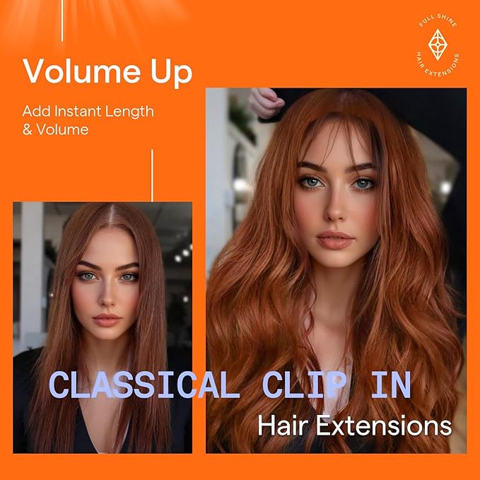 Full Shine Clip in Hair Extensions 24 Inch Copper Human Hair Clip in Extensions Straight Invisible Hair Brazilian Remy Human Hair Copper Red 7 Pcs