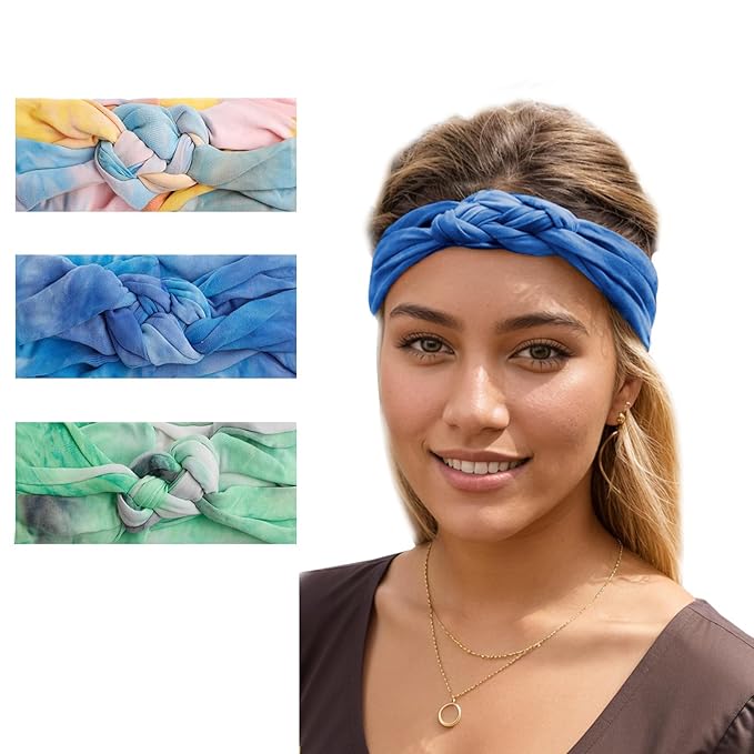 Vercret Headbands for Women Tie Dye Sailor Knot Headband Wide Elastic Adjustable Braided Hair Bands Non Slip Boho Stretchy Turban Headwrap Yoga Workout,3Pcs