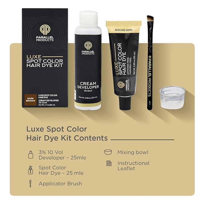Parallel Products - Luxe Color (Dark Brown) - Cream Hair Dye - 25mL - Tint for Professional Spot Coloring - With Cream Developer, Mixing Dish and Application Brush - Covers Grey Hair - Root Touch Up