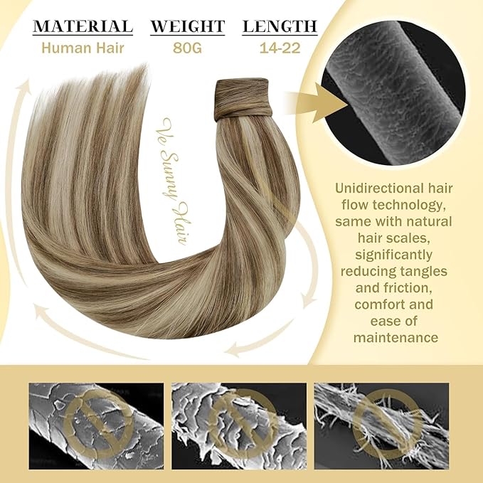 Ve Sunny Hair Extensions Ponytail Real Human Hair Wrap Around Clip in Ponytail Hair Extensions Straight Extensions Human Hair for Women Light Brown Highlights Platinum Blonde 16inch 80G