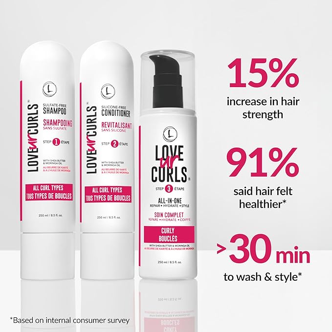 Love Ur Curls - Shampoo & Conditioner Set with All in One Curl Cream Styler for Curly Hair, 3 Step System for Repair and Moisturizing