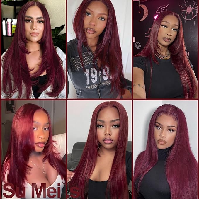 Glueless Synthetic Lace Front Wig 26 Inches Long Straight Red Wigs for Black Women 13x5x1 HD Lace Hand Tied Pre Plucked Hairline (#99J Burgundy, 26 Inch)