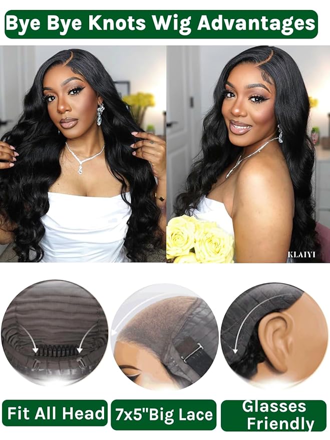 KLAIYI Body Wave Bye Bye Knots Glueless Wig 7x5 Pre Cut Lace Front Wigs Human Hair Wear and Go Wigs for Beginners Pre Bleached Pre Plucked Pre Everything 3S Easy to Ready to Wear Loose Wave Wig 28Inch