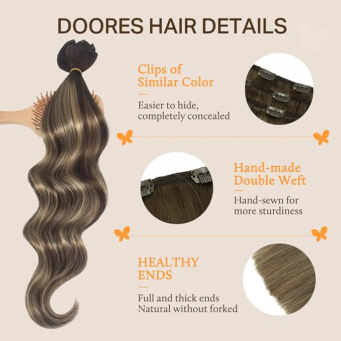 DOORES Remy Human Hair Extensions Clip in Balayage Chocolate Brown to Honey Blonde 16 Inch 7pcs 120g Clip in Hair Extensions Real Natural Hair Extensions Straight Thick