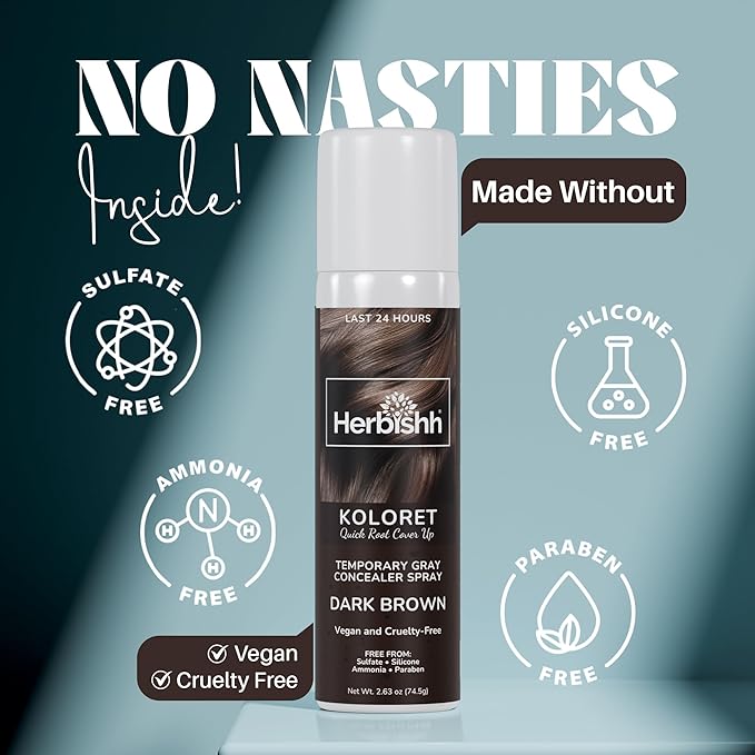 Herbishh Koloret Quick Root Touch Up Hair Color Spray Dark Brown (74.5g), Instant Gray & Dark Brown Root Cover Up, Temporary Hair Color Spray, Lightweight Non-Sticky Dye Mist, Travel Aerosol