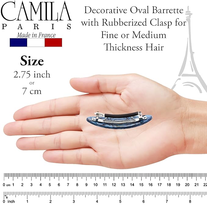 Camila Paris CP2984 French Hair Barrette Clip Handmade Oval Blue, Strong Hold Grip Hair Clips for Women, No Slip Rubberized Metal Closure, Durable Styling Girls Hair Accessories, Made in France