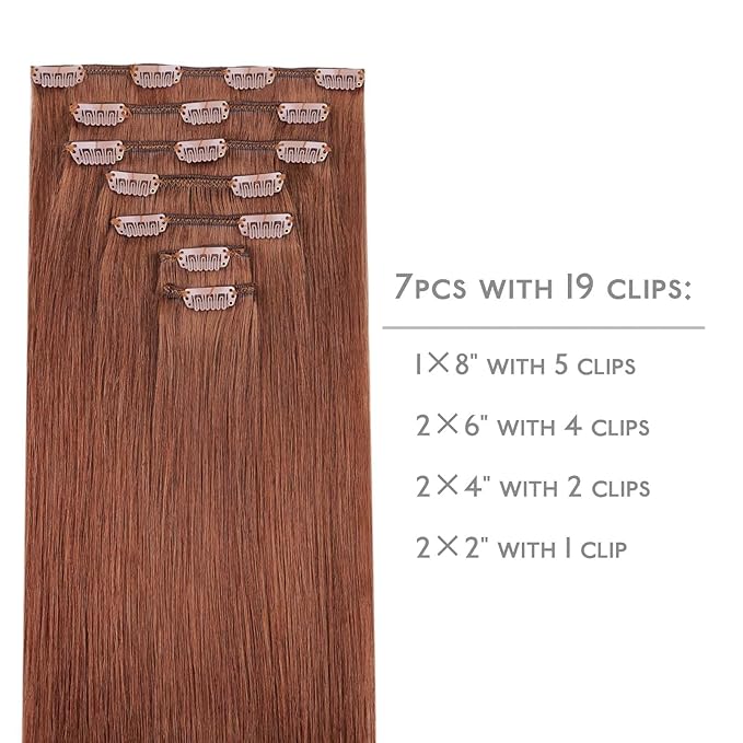 WENNALIFE Clip in Hair Extensions Real Human Hair, 24 Inch 120g 7pcs Clip in Hair Extensions Real Human Hair, Dark Auburn Copper Human Hair Clip in Extensions Remy Human Hair Extensions Clip Ins