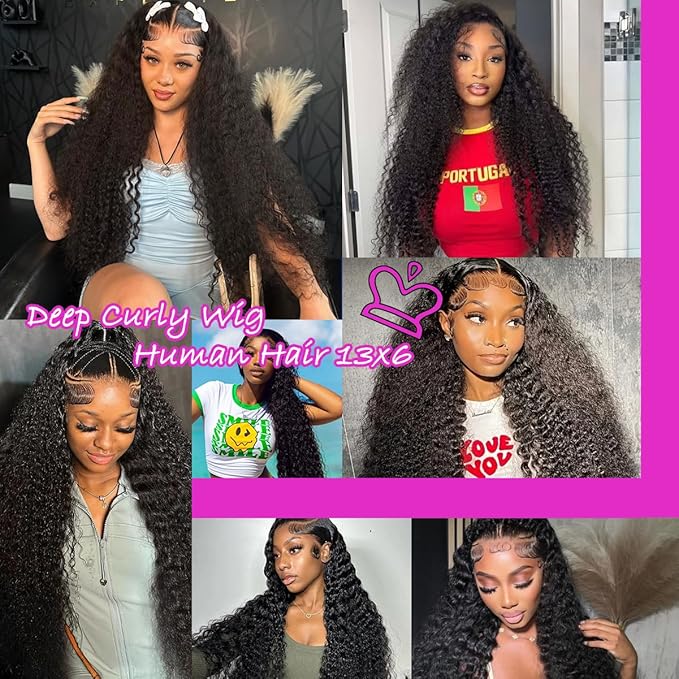 28Inch Deep Wave Lace Front Wigs Human Hair 13x6 Deep Curly Lace Front Wigs Glueless Lace Frontal Wig Brazilian Virgin Human Hair Pre Plucked with Natural Hairline 210% Density