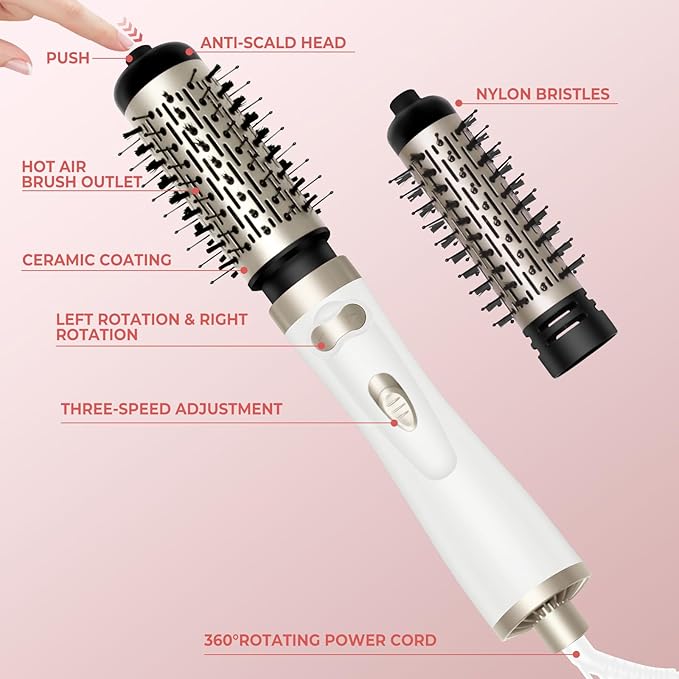 Hair Dryer Brush, 3-in-1 Rotating Round Hot Air Spin Brush Set with 2 Brushes (2" & 1.5"), Negative Ionic Blow Volumizer, 2 Detachable Auto-Rotating Curling Brush, Blow Dryer Brush,Dry as You Style