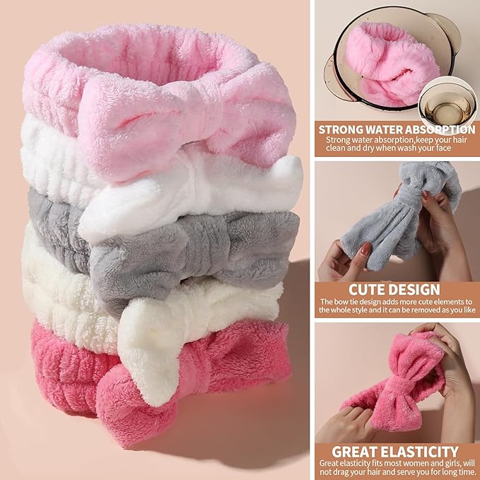 Teenitor 5 Pack Spa Headband for Washing Face, Girls Makeup Headband, Bow Tie Hair Band, Microfiber Women Skincare Headbands for Cosmestic Facial Sports Yoga