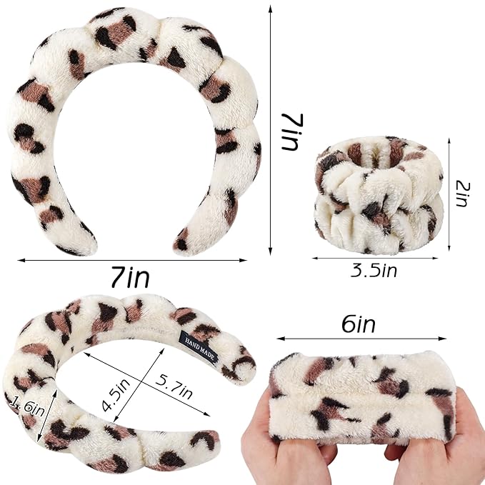 Zkptops 6Pcs Spa Headband for Washing Face Wristbands Set Women Bubble Skincare Makeup Sponge Plush Padded Puffy Headband Bow Tie Hairband Cute Non Slip Thick Hair Accessory Gifts(Beige Leopard)