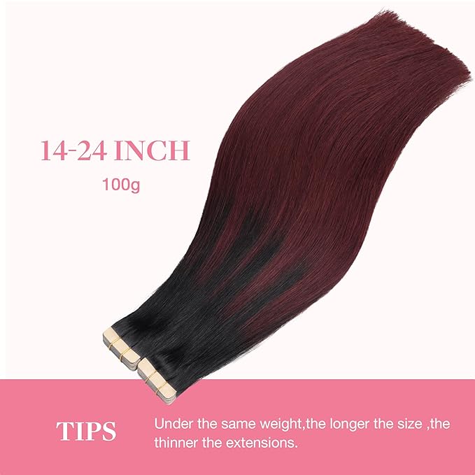 GOO GOO Tape in Hair Extensions Human Hair, 1/99 Balayage Jet Black to Red, 20inch 100g 40pcs, Skin Weft Seamless Invisible, Silky Straight with Thick Ends, Remy Human Hair