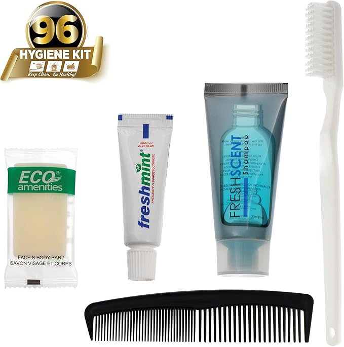 Moda West 96 Hygiene Kits - Bulk Case Wholesale Deluxe Toiletries for Men, Women, Travel, Charity, Includes Shampoo, Deodorant, Toothpaste, Razor, More, Homeless Shelters, Donations, Hotels, Travel