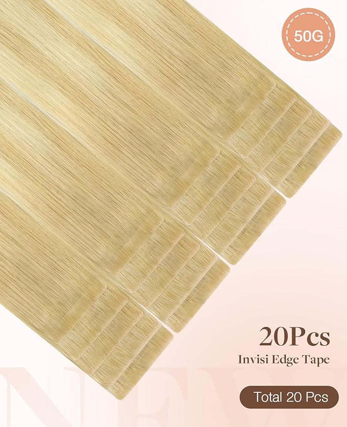 GOO GOO Invisi Edge Tape in Hair Extensions Human Hair, 18AT60A Pearl Ash Blonde Highlights 20pcs 20inch 50g, Virgin Remy Hair, Seamless Injected Tape, Natural Look