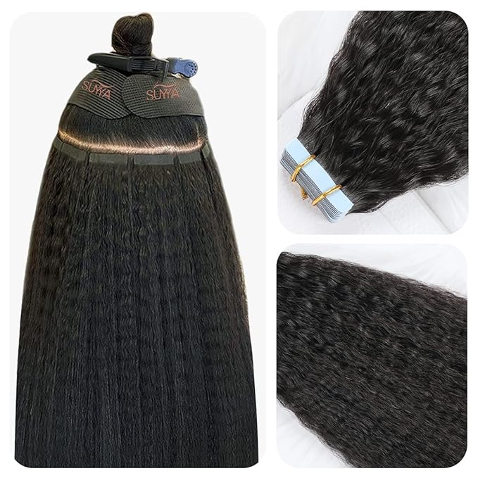 SUYYA Tape in Hair Extensions Human Hair Kinky Straight Tape in Extensions Natural Black 14 Inch Skin Weft 40g/Pack 20PCS Tape INS for Women (#1B Natural Black)
